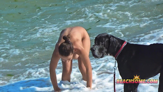 Gostosa pelada da praia brincando com cachorro